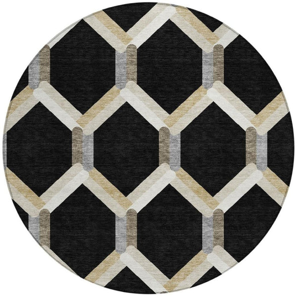 HomeRoots 8' Modern Round Geometric Area Rug in Black, Ivory & Wheat - Washable for Indoor & Outdoor Use 660567