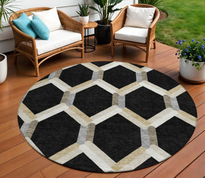 HomeRoots 8' Modern Round Geometric Area Rug in Black, Ivory & Wheat - Washable for Indoor & Outdoor Use 660567