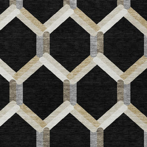HomeRoots 8' X 10' Modern Geometric Washable Area Rug in Black, Ivory & Wheat for Indoor/Outdoor Elegance 660568
