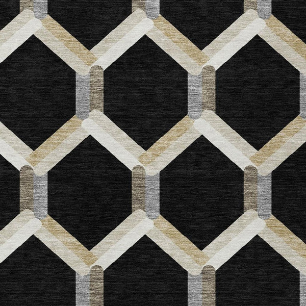 HomeRoots 8' X 10' Modern Geometric Washable Area Rug in Black, Ivory & Wheat for Indoor/Outdoor Elegance 660568