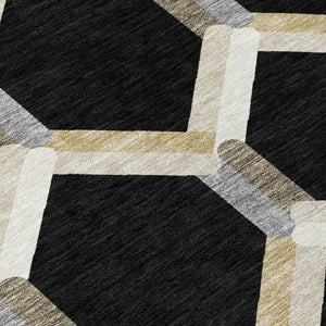 HomeRoots 8' X 10' Modern Geometric Washable Area Rug in Black, Ivory & Wheat for Indoor/Outdoor Elegance 660568