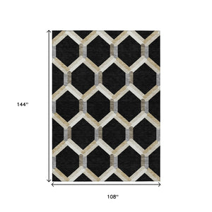 HomeRoots 9' X 12' Geometric Indoor Outdoor Area Rug in Black Ivory & Wheat - Durable, Washable & Stylish Design 660569