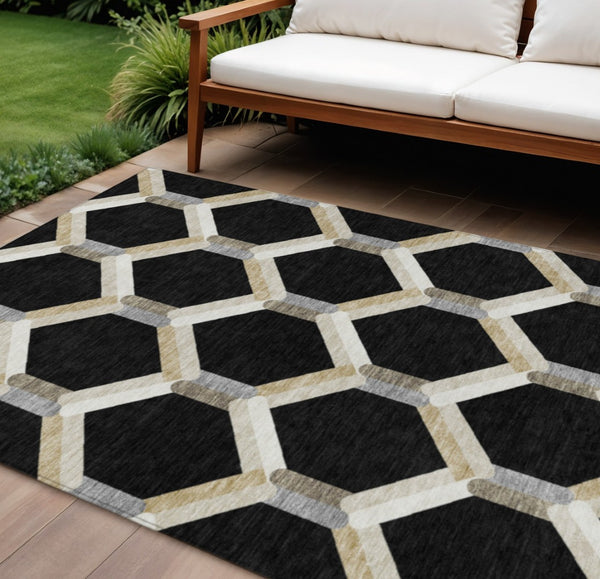 HomeRoots 10' Modern Black Ivory Wheat Geometric Washable Area Rug for Indoor & Outdoor Stylish Spaces 660570