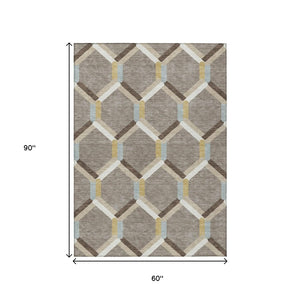 HomeRoots 5' Geometric Washable Area Rug in Brown, Ivory & Beige - Durable, Stylish for Indoor/Outdoor Use 660572