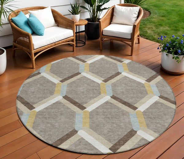 HomeRoots 8' Brown Ivory and Beige Round Geometric Area Rug - Stylish, Durable, Washable for Indoor & Outdoor Use! 660573