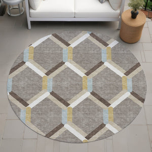 HomeRoots 8' Brown Ivory and Beige Round Geometric Area Rug - Stylish, Durable, Washable for Indoor & Outdoor Use! 660573