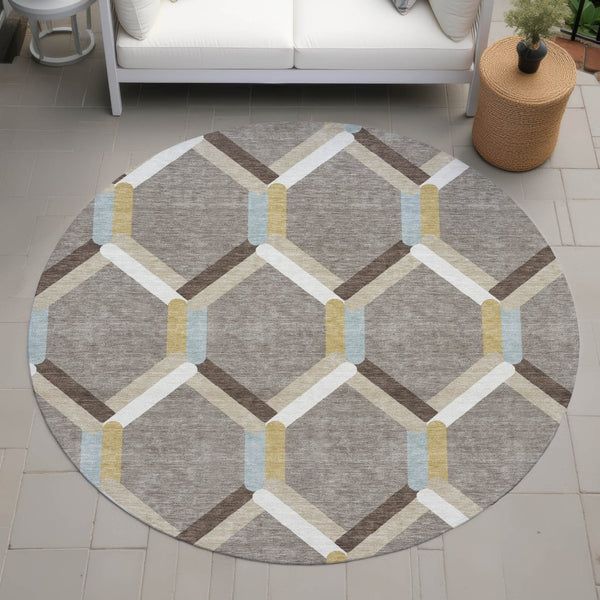 HomeRoots 8' Brown Ivory and Beige Round Geometric Area Rug - Stylish, Durable, Washable for Indoor & Outdoor Use! 660573