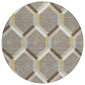 HomeRoots 8' Brown Ivory and Beige Round Geometric Area Rug - Stylish, Durable, Washable for Indoor & Outdoor Use! 660573