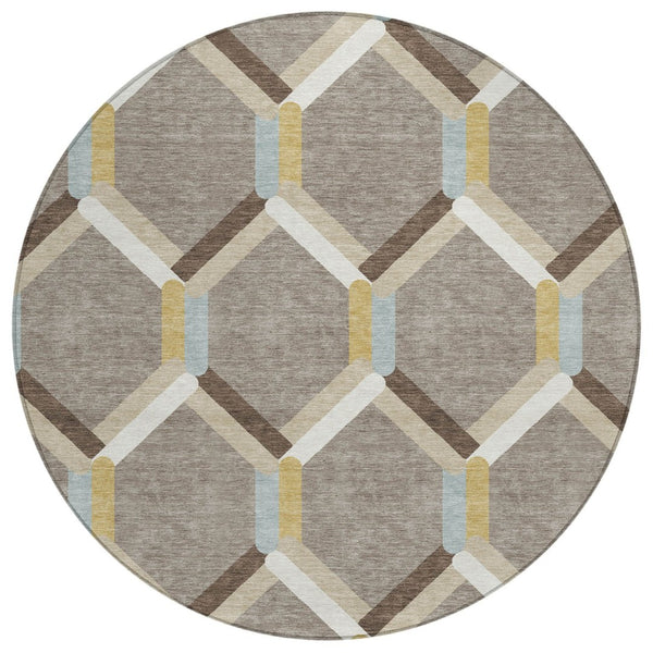 HomeRoots 8' Brown Ivory and Beige Round Geometric Area Rug - Stylish, Durable, Washable for Indoor & Outdoor Use! 660573