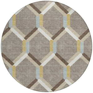 HomeRoots 8' Brown Ivory and Beige Round Geometric Area Rug - Stylish, Durable, Washable for Indoor & Outdoor Use! 660573