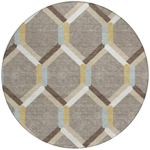 HomeRoots 8' Brown Ivory and Beige Round Geometric Area Rug - Stylish, Durable, Washable for Indoor & Outdoor Use! 660573
