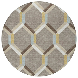 HomeRoots 8' Brown Ivory and Beige Round Geometric Area Rug - Stylish, Durable, Washable for Indoor & Outdoor Use! 660573