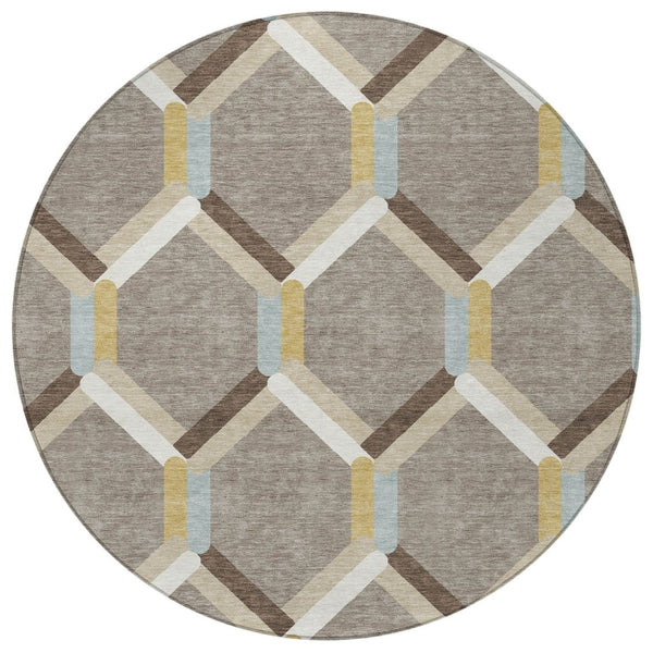 HomeRoots 8' Brown Ivory and Beige Round Geometric Area Rug - Stylish, Durable, Washable for Indoor & Outdoor Use! 660573