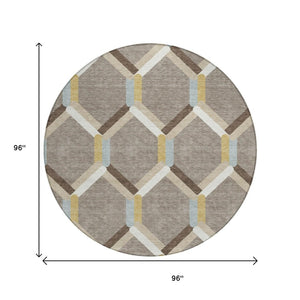 HomeRoots 8' Brown Ivory and Beige Round Geometric Area Rug - Stylish, Durable, Washable for Indoor & Outdoor Use! 660573