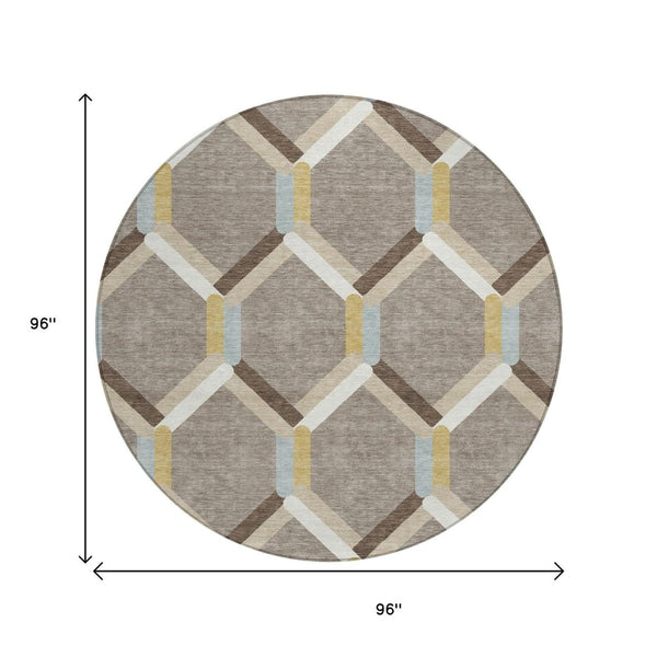 HomeRoots 8' Brown Ivory and Beige Round Geometric Area Rug - Stylish, Durable, Washable for Indoor & Outdoor Use! 660573
