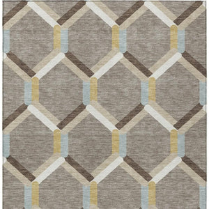 HomeRoots 8' Washable Geometric Area Rug - Brown, Ivory & Beige for Indoor/Outdoor Use, Stain-Resistant Design 660574
