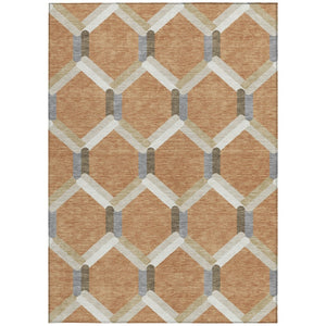 HomeRoots 5' Geometric Copper, Ivory & Gray Washable Rug - Stylish Indoor/Outdoor Decor for High-Traffic Areas 660578