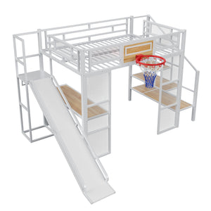 English Elm Full Full Size Metal Loft Bed with Built-In Desk, Slide, Basketball Hoop and Open Wardrobe Storage White GX001524AAK