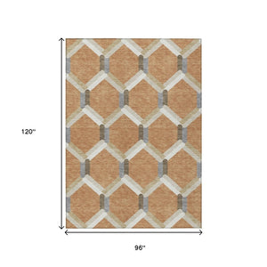 HomeRoots 8' X 10' Copper Ivory Gray Geometric Washable Rug - Stylish Indoor Outdoor Area for High Traffic Use 660580