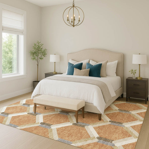 HomeRoots 8' X 10' Copper Ivory Gray Geometric Washable Rug - Stylish Indoor Outdoor Area for High Traffic Use 660580