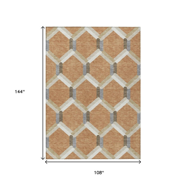 HomeRoots 9' X 12' Stylish Copper Ivory & Gray Geometric Washable Area Rug for Indoor & Outdoor Use 660581