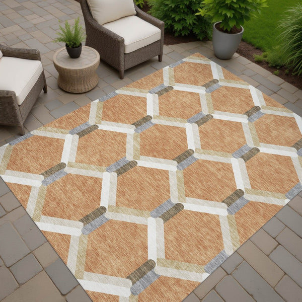 HomeRoots 9' X 12' Stylish Copper Ivory & Gray Geometric Washable Area Rug for Indoor & Outdoor Use 660581