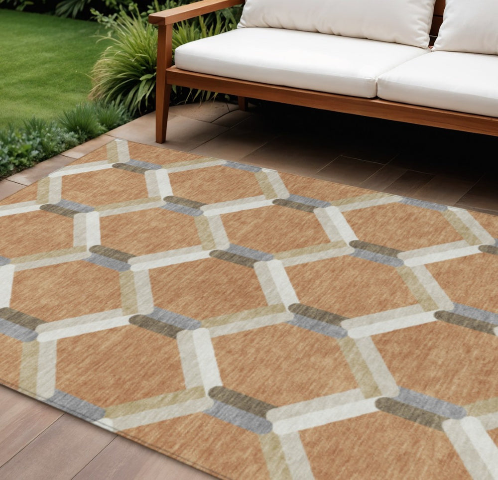 HomeRoots 10' Geometric Copper Ivory Gray Area Rug – Stylish, Washable, Indoor/Outdoor, Stain-Resistant Design 660582