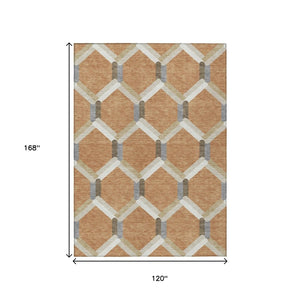 HomeRoots 10' Geometric Copper Ivory Gray Area Rug – Stylish, Washable, Indoor/Outdoor, Stain-Resistant Design 660582