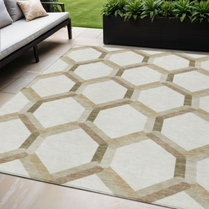 HomeRoots 5' X 8' Ivory and Brown Geometric Washable Area Rug - Versatile Indoor/Outdoor Design for Any Space 660584