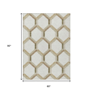 HomeRoots 5' X 8' Ivory and Brown Geometric Washable Area Rug - Versatile Indoor/Outdoor Design for Any Space 660584
