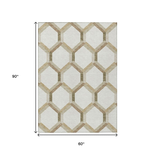 HomeRoots 5' X 8' Ivory and Brown Geometric Washable Area Rug - Versatile Indoor/Outdoor Design for Any Space 660584