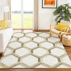 HomeRoots 5' X 8' Ivory and Brown Geometric Washable Area Rug - Versatile Indoor/Outdoor Design for Any Space 660584