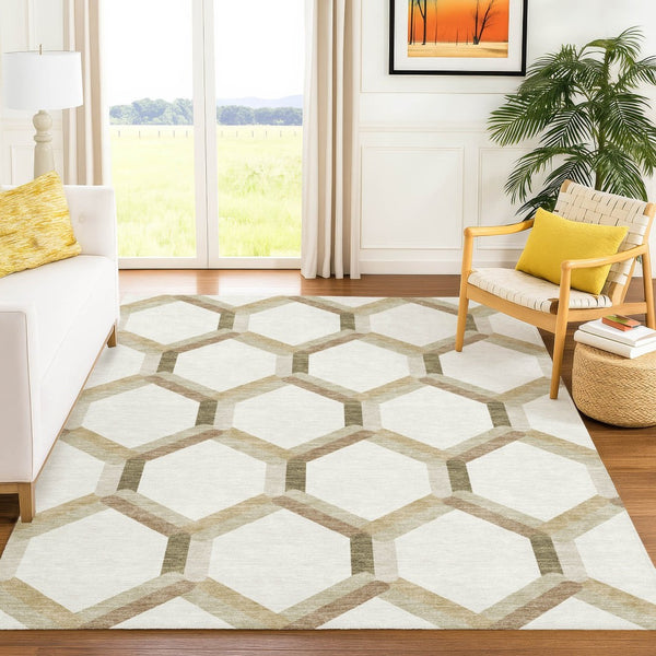 HomeRoots 5' X 8' Ivory and Brown Geometric Washable Area Rug - Versatile Indoor/Outdoor Design for Any Space 660584