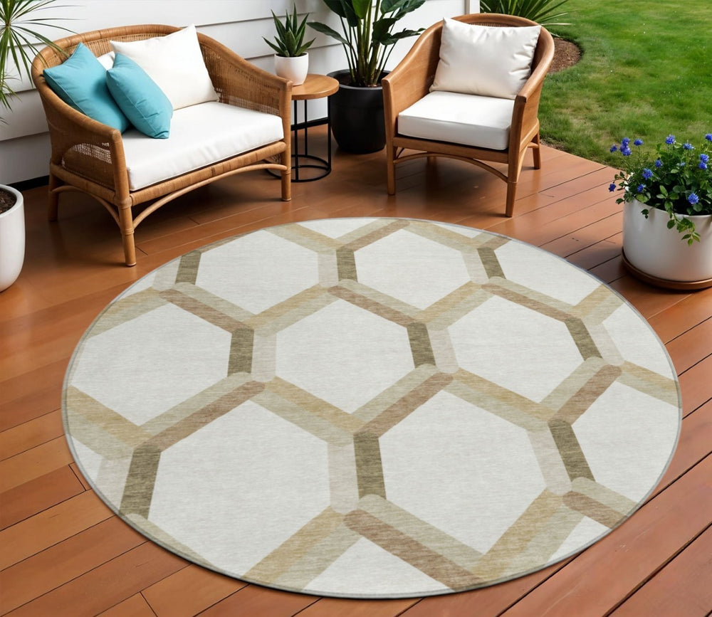 HomeRoots 8' Round Washable Ivory and Brown Geometric Area Rug for Indoor/Outdoor Use - Durable & Stylish! 660585
