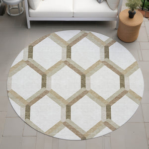 HomeRoots 8' Round Washable Ivory and Brown Geometric Area Rug for Indoor/Outdoor Use - Durable & Stylish! 660585