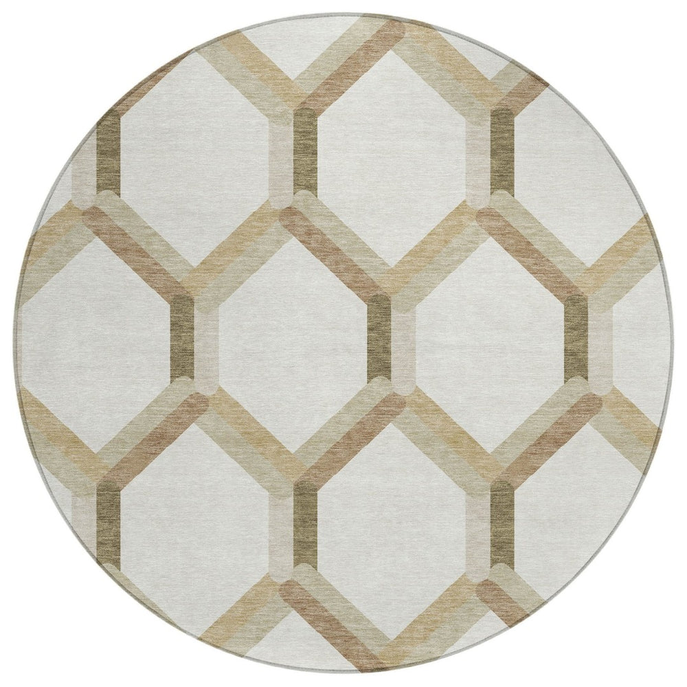 HomeRoots 8' Round Washable Ivory and Brown Geometric Area Rug for Indoor/Outdoor Use - Durable & Stylish! 660585