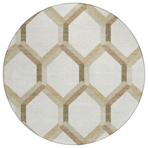 HomeRoots 8' Round Washable Ivory and Brown Geometric Area Rug for Indoor/Outdoor Use - Durable & Stylish! 660585