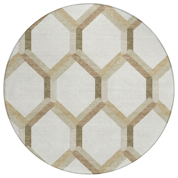 HomeRoots 8' Round Washable Ivory and Brown Geometric Area Rug for Indoor/Outdoor Use - Durable & Stylish! 660585