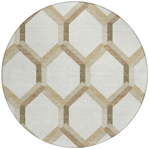 HomeRoots 8' Round Washable Ivory and Brown Geometric Area Rug for Indoor/Outdoor Use - Durable & Stylish! 660585