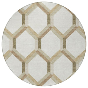 HomeRoots 8' Round Washable Ivory and Brown Geometric Area Rug for Indoor/Outdoor Use - Durable & Stylish! 660585
