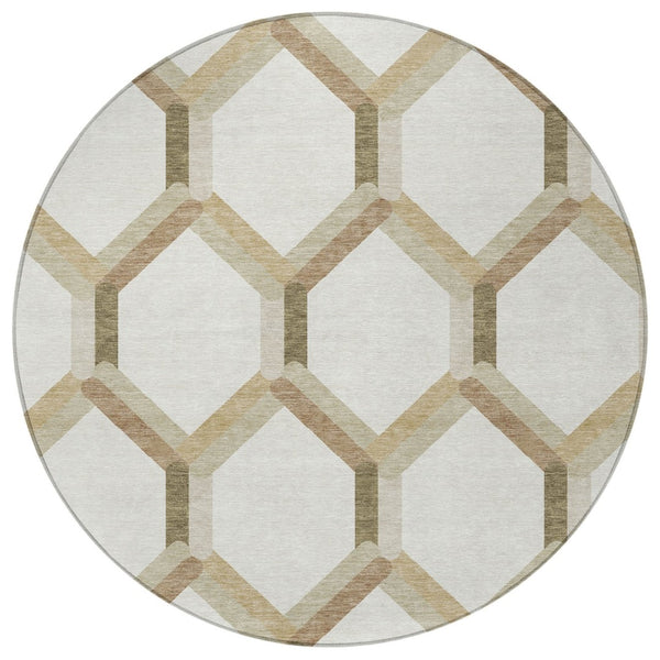 HomeRoots 8' Round Washable Ivory and Brown Geometric Area Rug for Indoor/Outdoor Use - Durable & Stylish! 660585