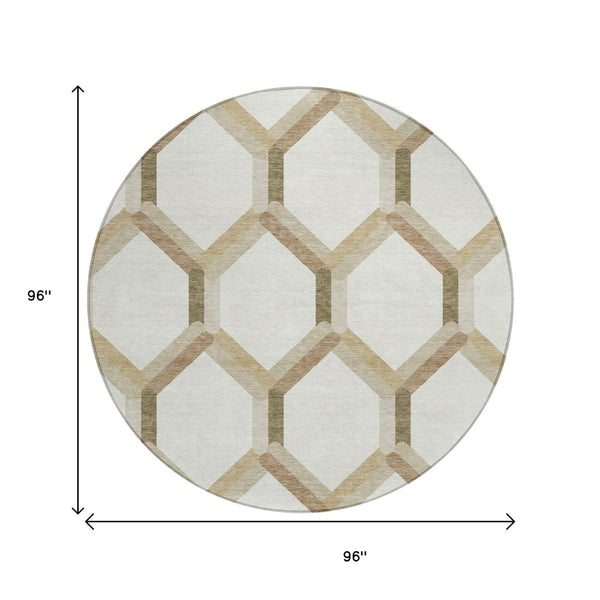 HomeRoots 8' Round Washable Ivory and Brown Geometric Area Rug for Indoor/Outdoor Use - Durable & Stylish! 660585
