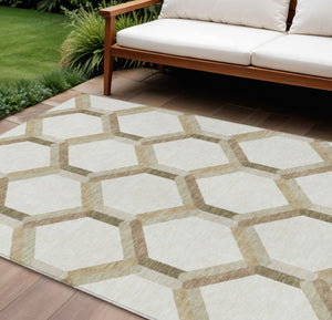 HomeRoots 10' Modern Ivory & Brown Geometric Area Rug - Durable, Washable for Indoor/Outdoor Spaces, 10x14 ft 660588