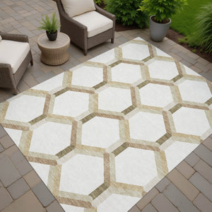 HomeRoots 10' Modern Ivory & Brown Geometric Area Rug - Durable, Washable for Indoor/Outdoor Spaces, 10x14 ft 660588
