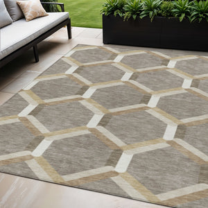 HomeRoots 5' X 8' Indoor Outdoor Area Rug - Stylish Taupe Beige Geometric Design, Washable & Durable for All Spaces 660590