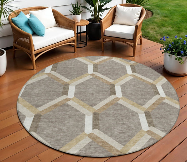 HomeRoots 8' Stylish Taupe Beige & Ivory Round Geometric Area Rug – Washable, Durable for Indoor & Outdoor Use 660591