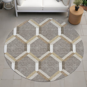 HomeRoots 8' Stylish Taupe Beige & Ivory Round Geometric Area Rug – Washable, Durable for Indoor & Outdoor Use 660591