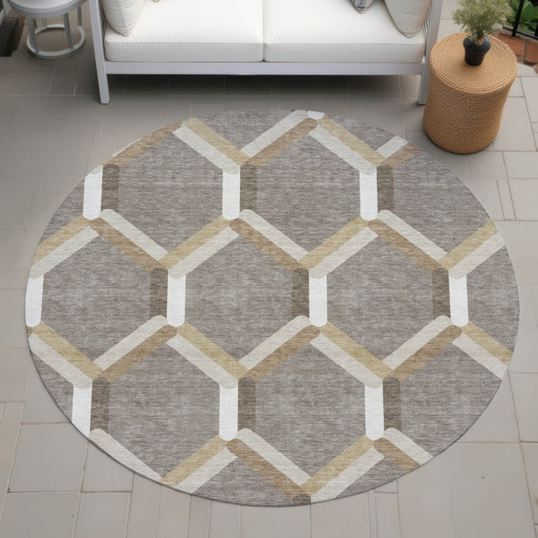 HomeRoots 8' Stylish Taupe Beige & Ivory Round Geometric Area Rug – Washable, Durable for Indoor & Outdoor Use 660591