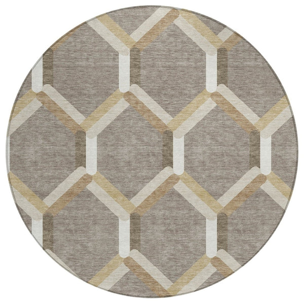 HomeRoots 8' Stylish Taupe Beige & Ivory Round Geometric Area Rug – Washable, Durable for Indoor & Outdoor Use 660591