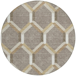 HomeRoots 8' Stylish Taupe Beige & Ivory Round Geometric Area Rug – Washable, Durable for Indoor & Outdoor Use 660591